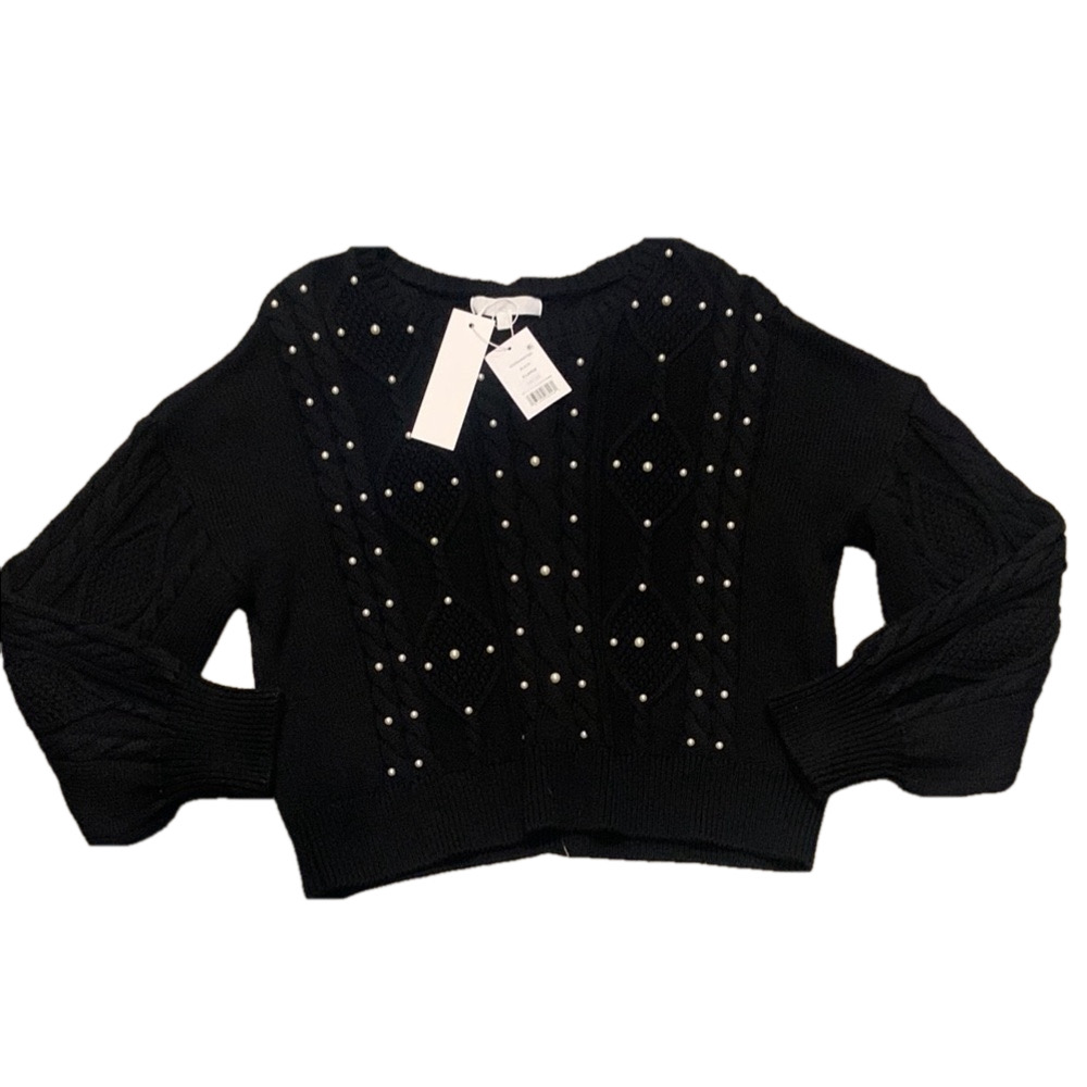 NWT Adyson Parker Multiple Sizes Black Deep Cable Sweater with Pearl Accents